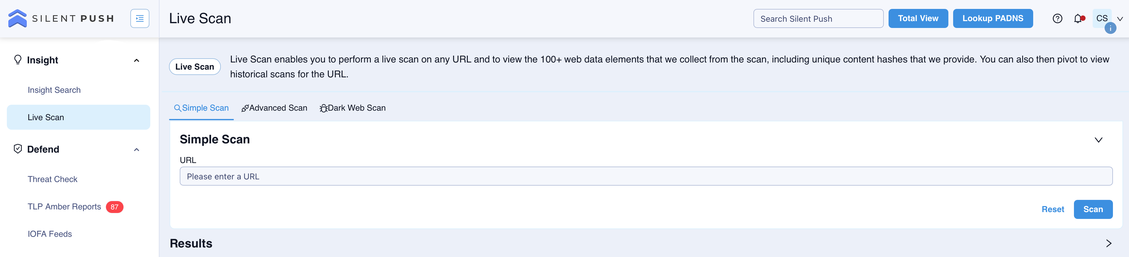 Live Scan tool for URL scanning and historical data collection on Silent Push platform.
